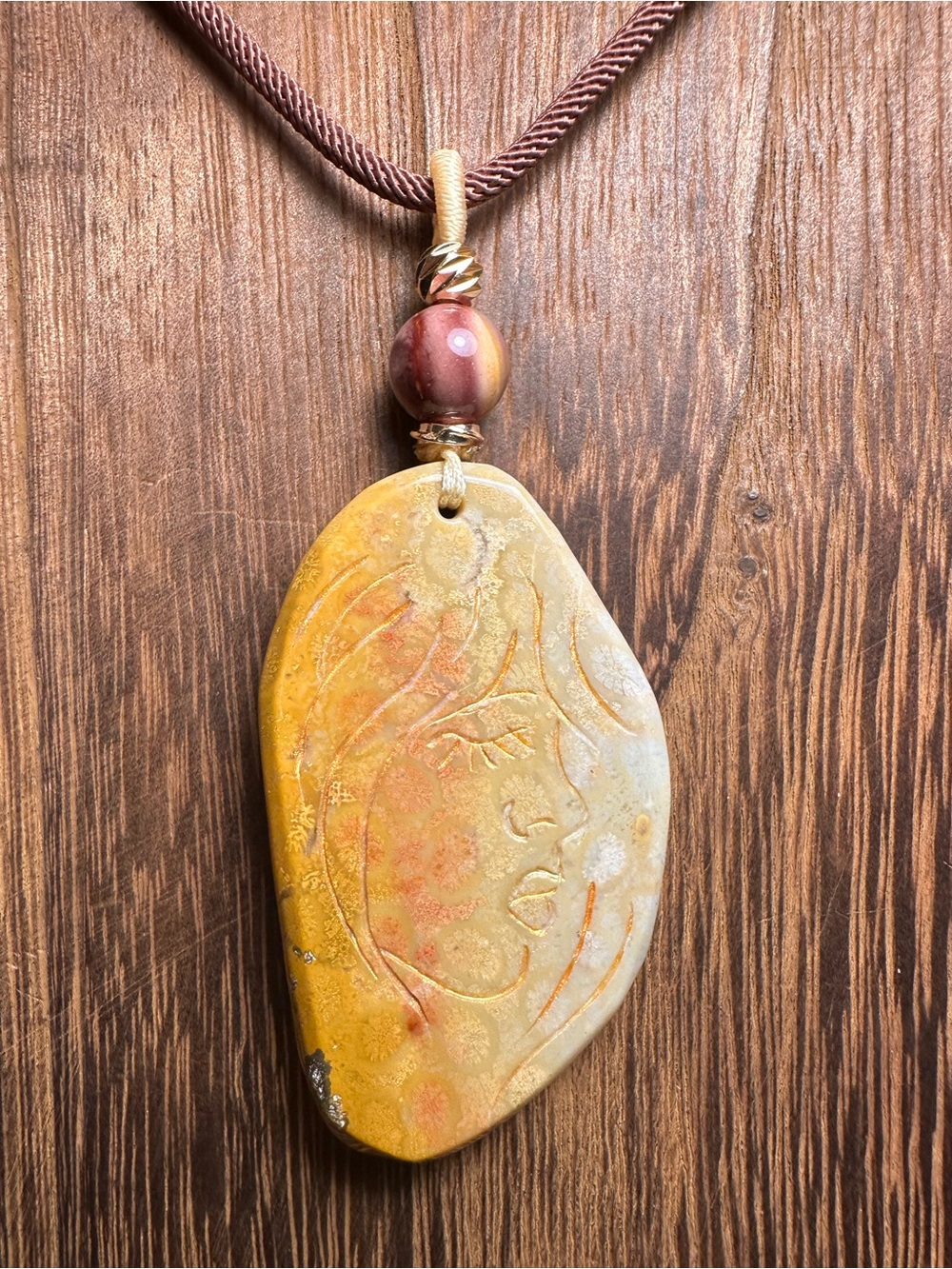 Coral Fossil Lady Profile Pendant Necklace on Brown Rope - Picture 6 of 14